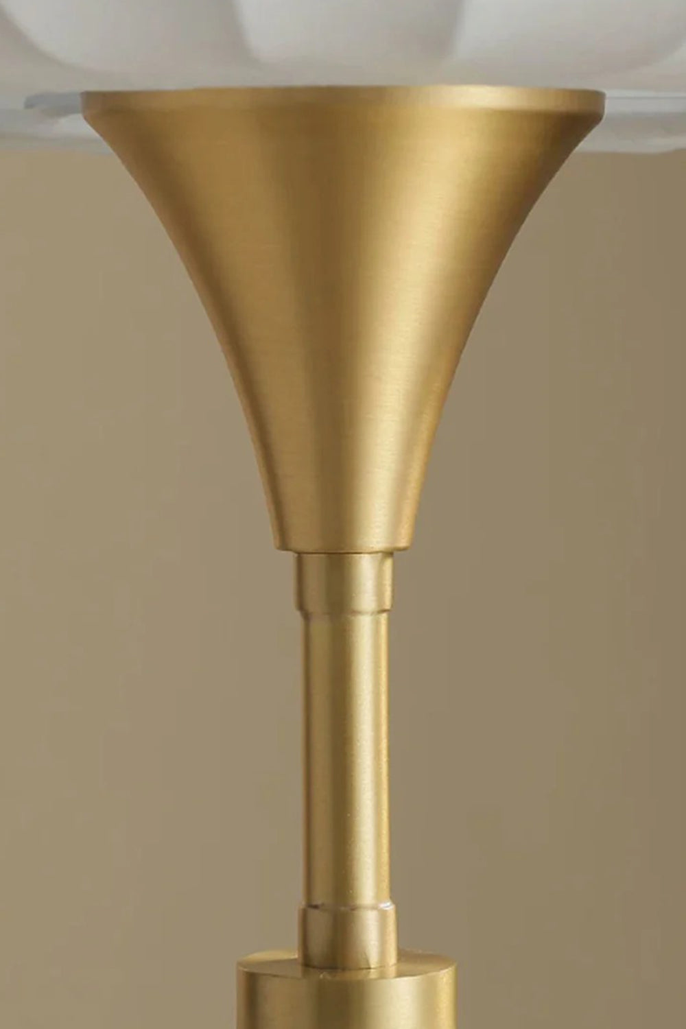 Maren Woven Silk Gourd Table Lamp | Woven Silk, Brass and Wood | Close-up view of the flared brass neck supporting the shade | Samu Lamp
