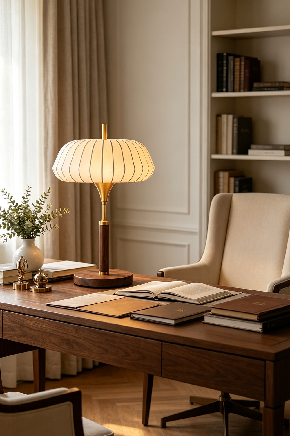 Maren Woven Silk Gourd Table Lamp | Woven Silk, Brass and Wood | Placed on a wooden desk in a cozy home office setting | Samu Lamp