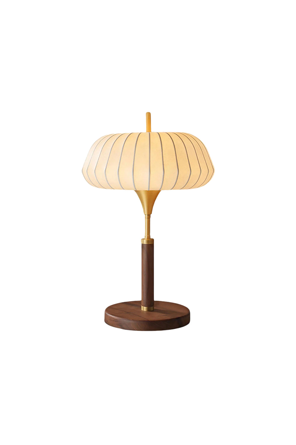 Maren Woven Silk Gourd Table Lamp | Woven Silk, Brass and Wood | Front full view on a pure white background, illuminated | Samu Lamp