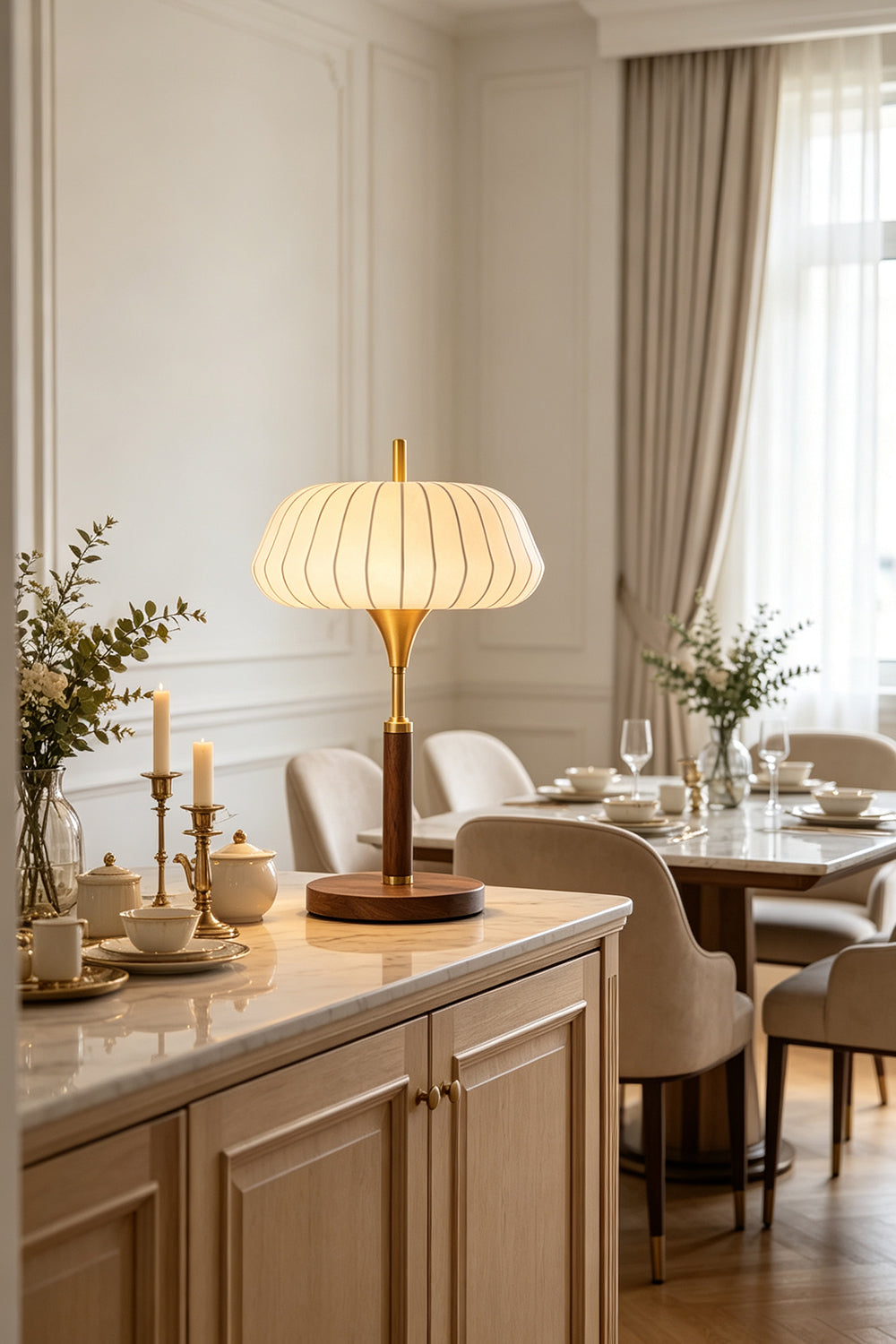 Maren Woven Silk Gourd Table Lamp | Woven Silk, Brass and Wood | Decorating a cabinet in an elegant dining room space | Samu Lamp