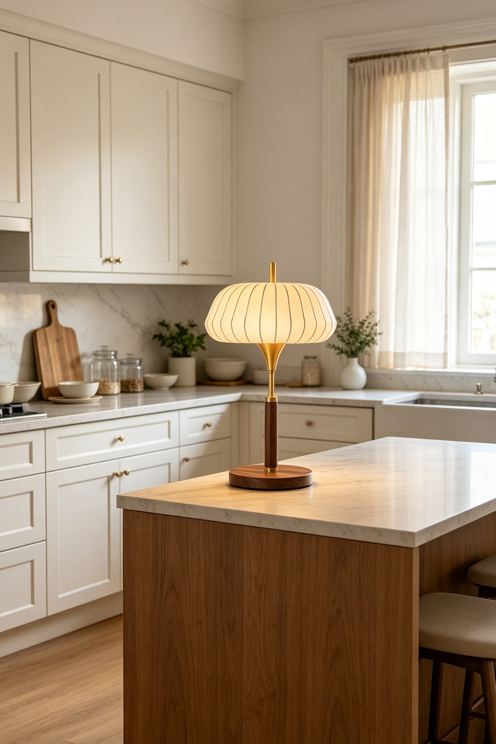 Maren Woven Silk Gourd Table Lamp | Woven Silk, Brass and Wood | Displayed on a modern kitchen island with warm lighting | Samu Lamp
