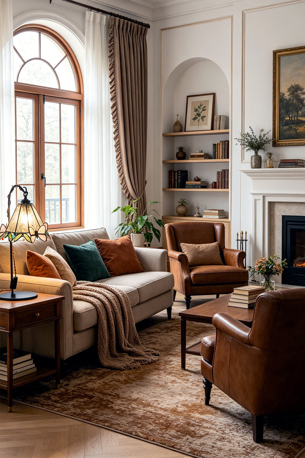 Mariposa Stained Glass Table Lamp | Glass, Metal | Providing a warm amber glow on a side table in a classical living room with a fabric sofa and fireplace | Samu Lamp