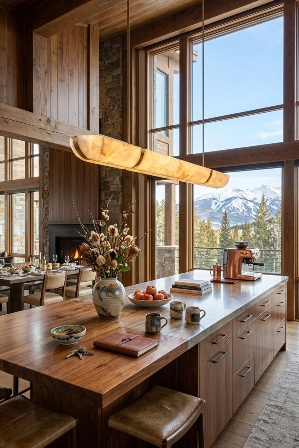 Marlen Alabaster Bar Linear Pendant Light illuminating a rustic kitchen with mountain views.