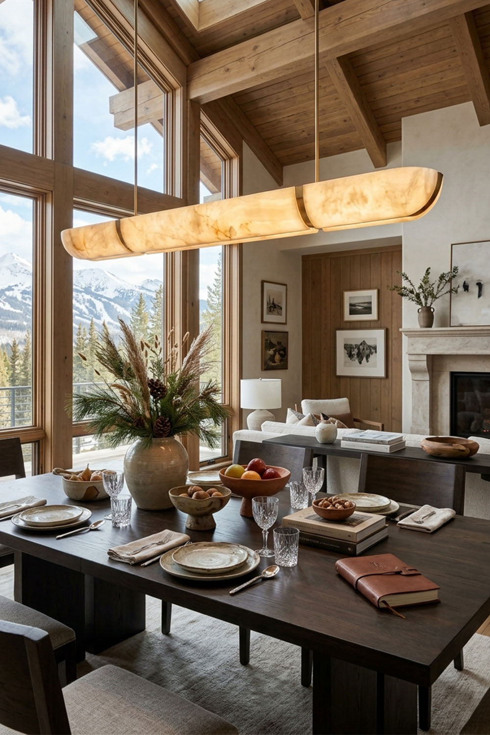 Marlen Alabaster Bar Linear Pendant Light illuminating a dining area with a rustic wooden table and elegant decor.