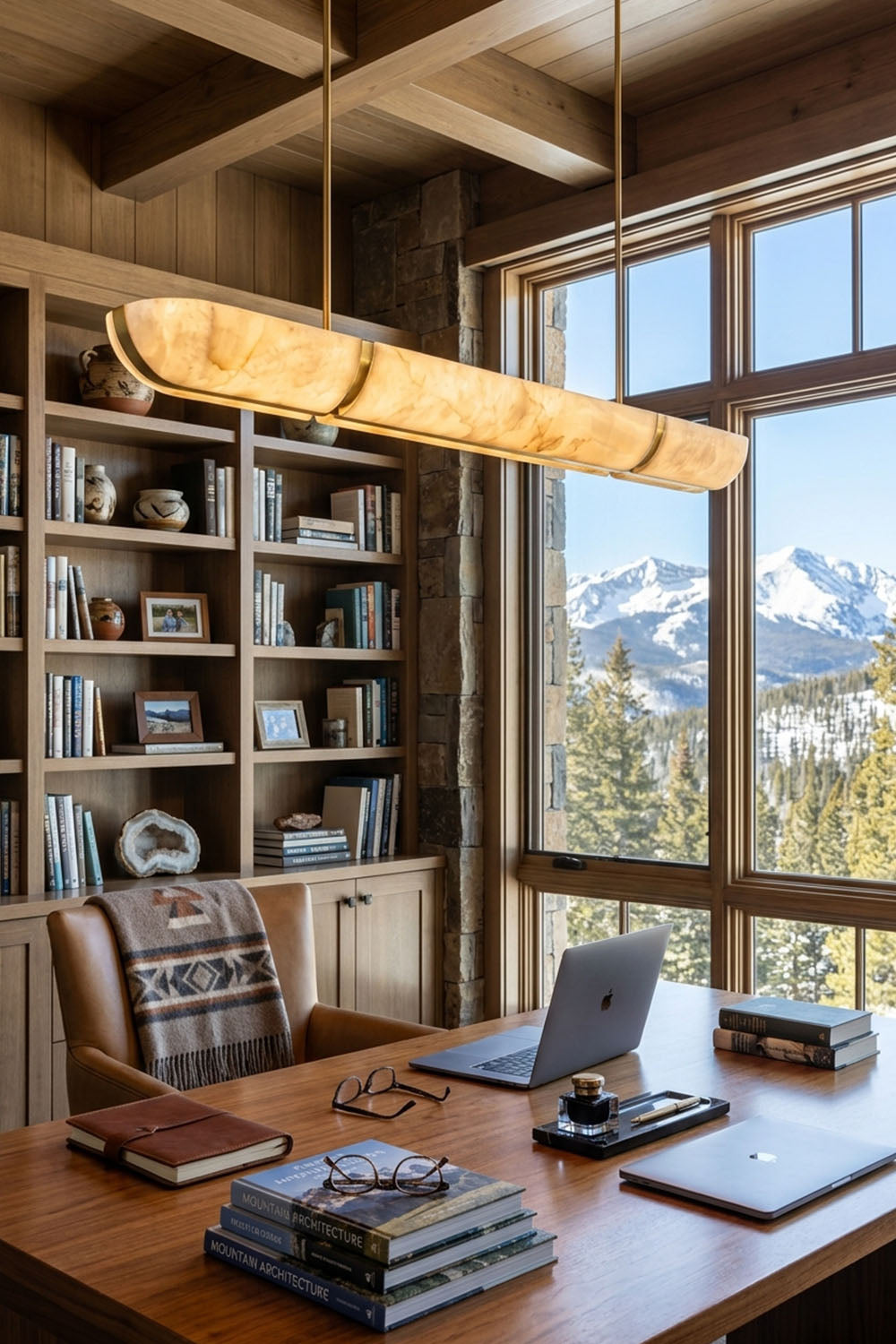 Marlen Alabaster Bar Linear Pendant Light illuminating a modern office with a wooden desk and mountain view.
