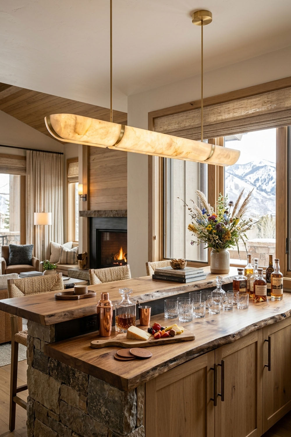 Marlen Alabaster Bar Linear Pendant Light hanging above a wooden bar with drinks and a cozy interior setting.