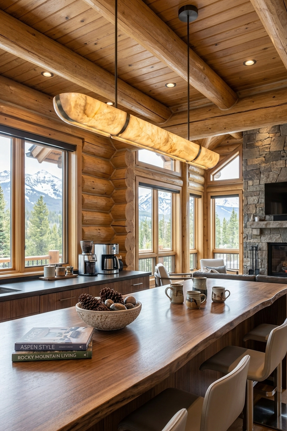 Marlen Alabaster Bar Linear Pendant Light illuminating a rustic kitchen with wooden beams and a scenic view.