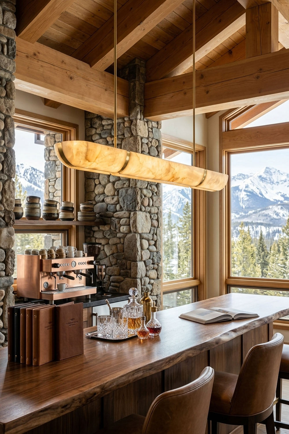 Marlen Alabaster Bar Linear Pendant Light above a wooden bar in a mountain view setting.