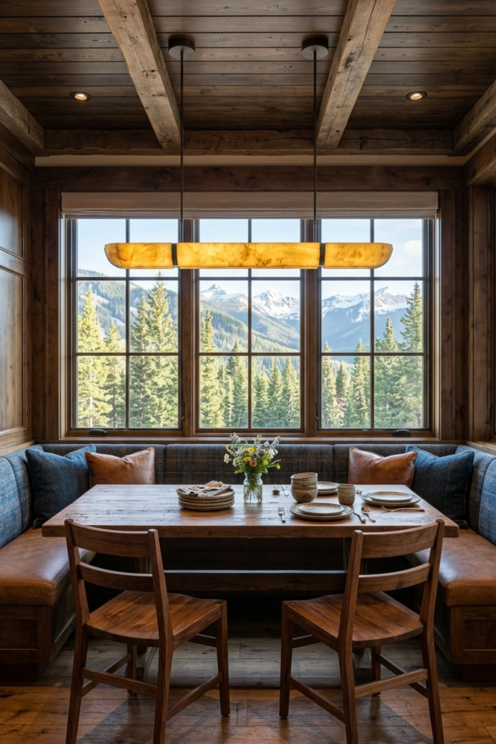 Dining area featuring Marlen Alabaster Bar Linear Pendant Light with mountain view in a rustic wooden setting.