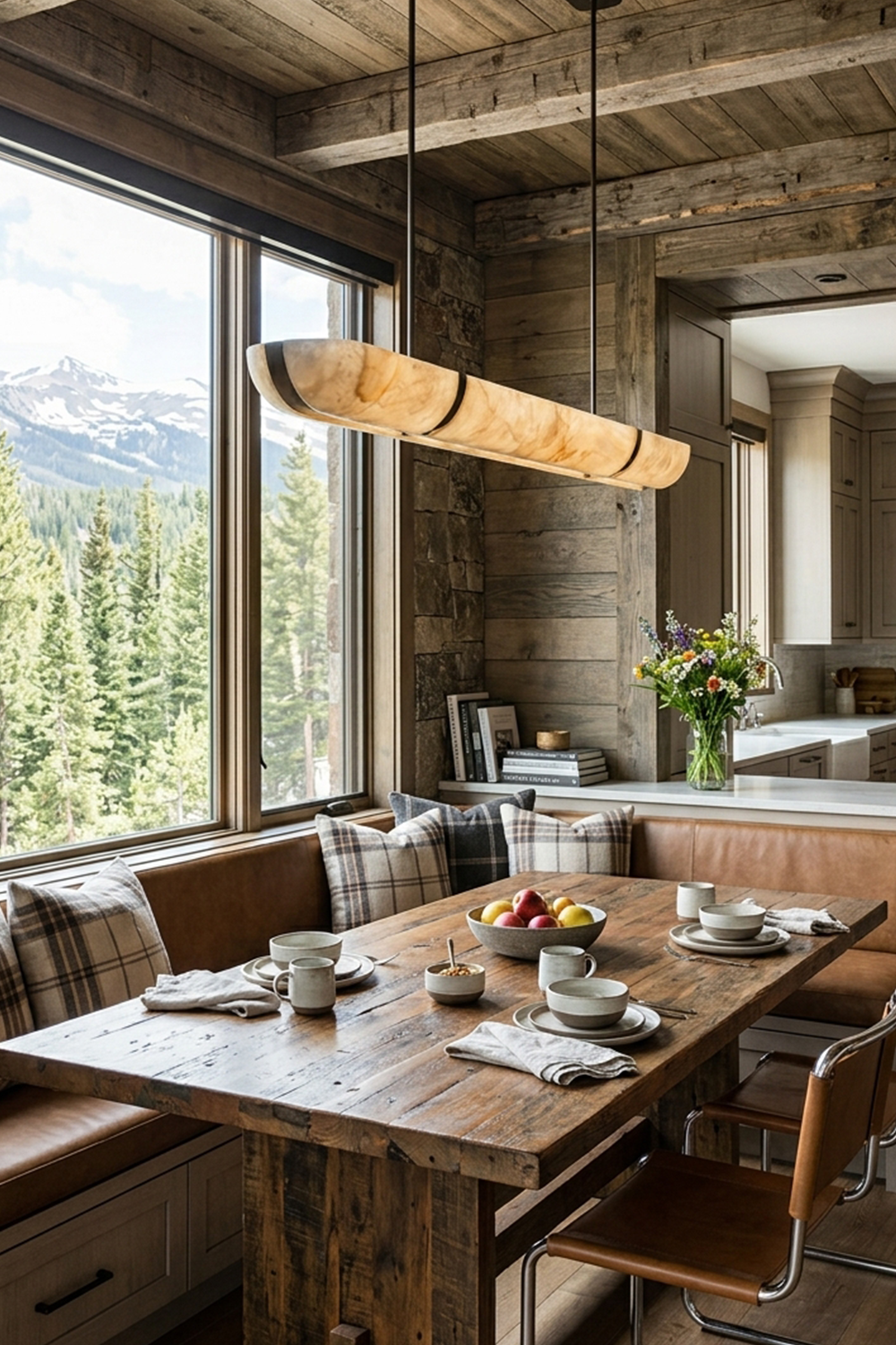 Marlen Alabaster Bar Linear Pendant Light hanging above a rustic dining table with views of the mountains.