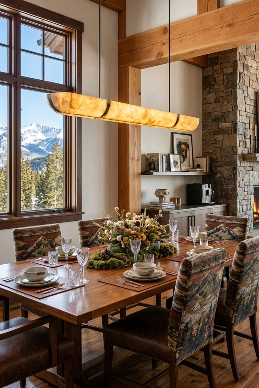 Marlen Alabaster Bar Linear Pendant Light illuminating a rustic dining table with mountain views.