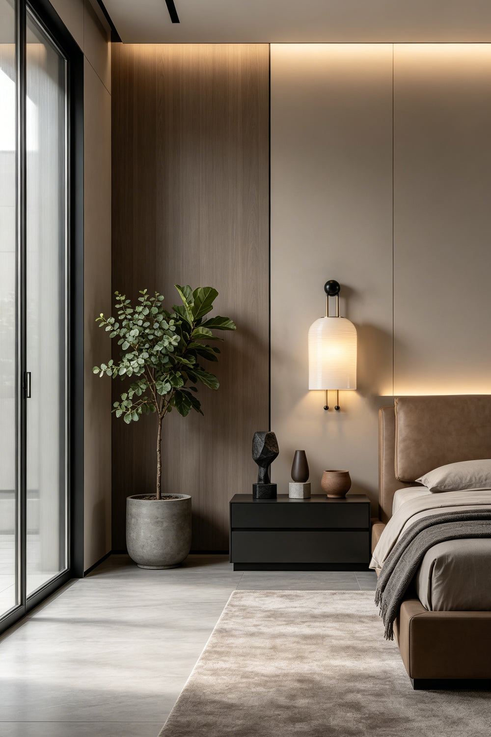 Marlow Linear Ribbed Glass Wall Lamp | Glass, Metal | Positioned as a stylish bedside reading lamp on a feature wall next to a platform bed and dark nightstand | Samu Lamp