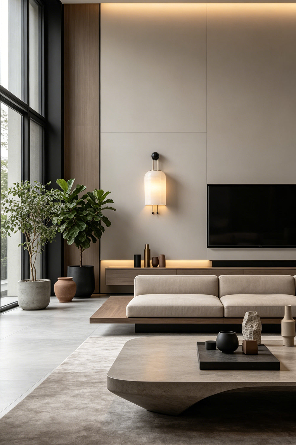 Marlow Linear Ribbed Glass Wall Lamp | Glass, Metal | Mounted as modern accent lighting on a large neutral feature wall in a minimalist living room with a low cream sofa | Samu Lamp