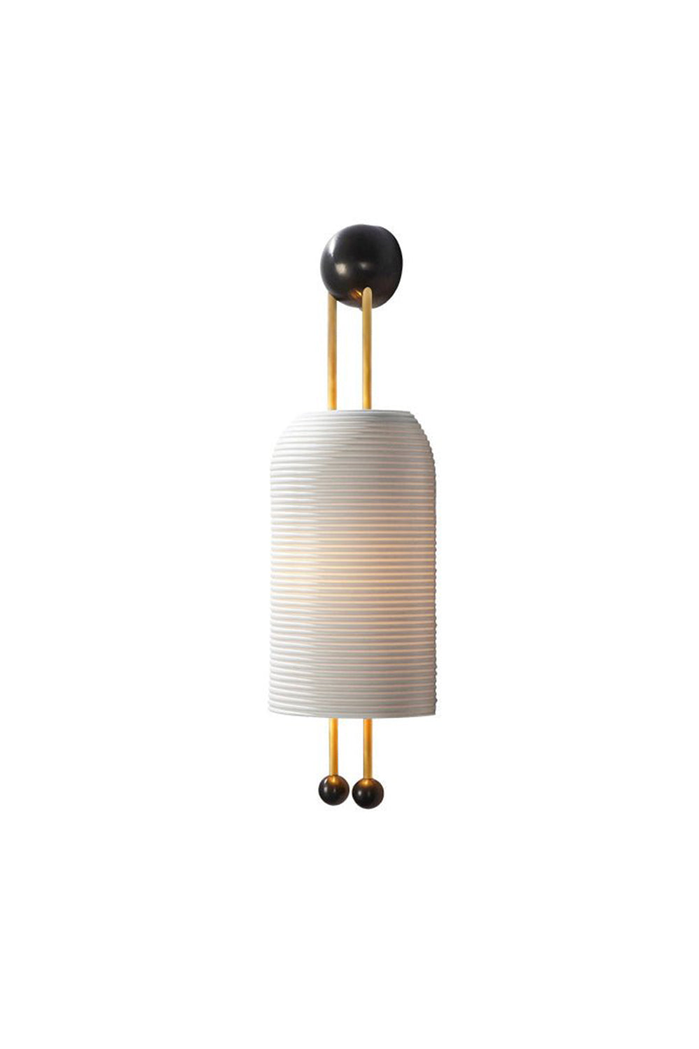 Marlow Linear Ribbed Glass Wall Lamp | Glass, Metal | Modern pill-shaped white horizontally ribbed glass wall sconce with gold brass vertical rods and black sphere accents | Isolated lit product shot on white background | Samu Lamp