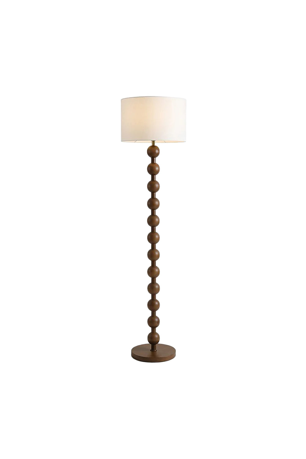 Marlow Stacked Wood Floor Lamp | Wood, Fabric | Isolated view of a traditional standing floor lamp featuring a dark walnut stacked spherical bobbin wood base and a classic white drum shade | White background | Samu Lamp