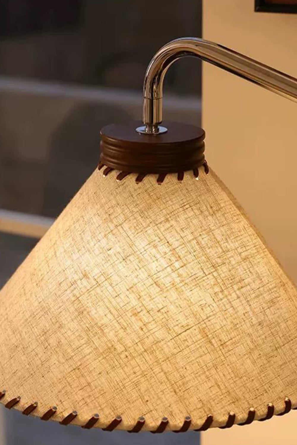 Marlowe Angled Linen Reading Floor Lamp | Linen, Wood, and Chrome Metal | Detailed macro view of the warm glowing woven linen fabric shade highlighting its scalloped bottom edge | Samu Lamp