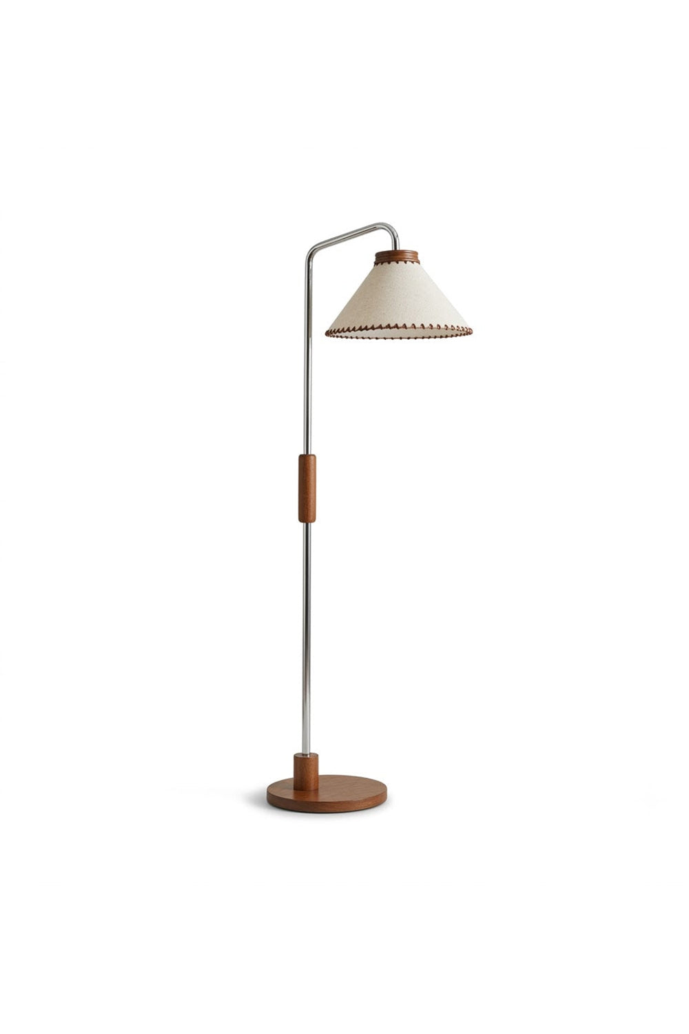 Marlowe Angled Linen Reading Floor Lamp | Linen, Wood, and Chrome Metal | Full studio view isolated on a white background showing its curved neck and round wooden base | Samu Lamp