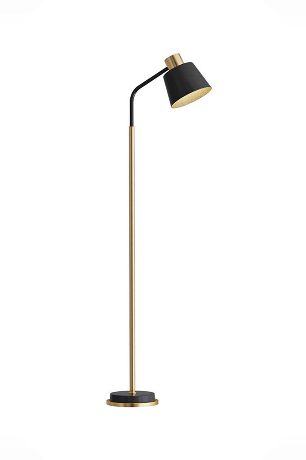 Marlowe Gooseneck Reading Floor Lamp | Matte Black and Brass | Full product isolated on a pure white background showing the flexible gooseneck arm and metal base | Samu Lamp