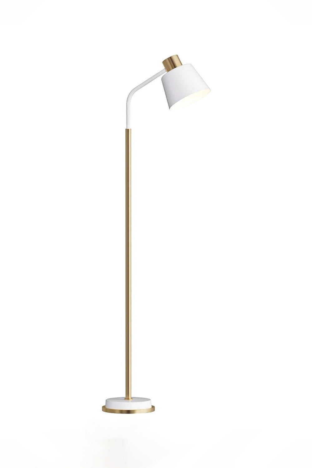 Marlowe Gooseneck Reading Floor Lamp | Matte White and Gold | Full length studio product view of the white version on a clean white background | Samu Lamp