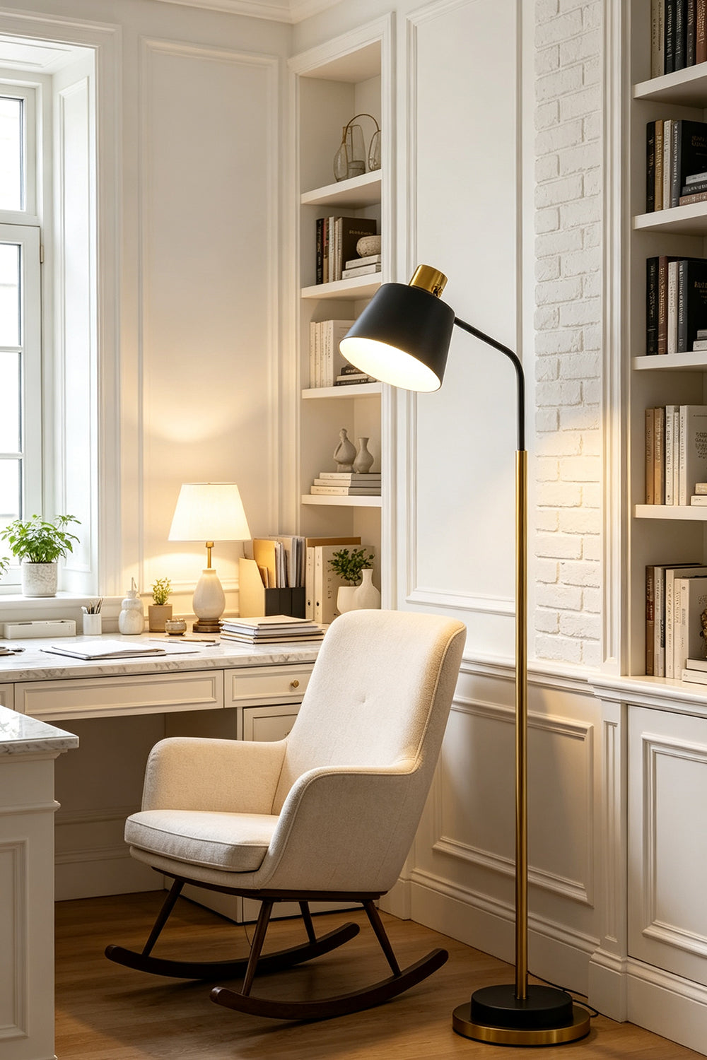 Marlowe Gooseneck Reading Floor Lamp | Matte Black and Brass | Styled beside a white rocking armchair and wooden desk in a modern home study | Samu Lamp