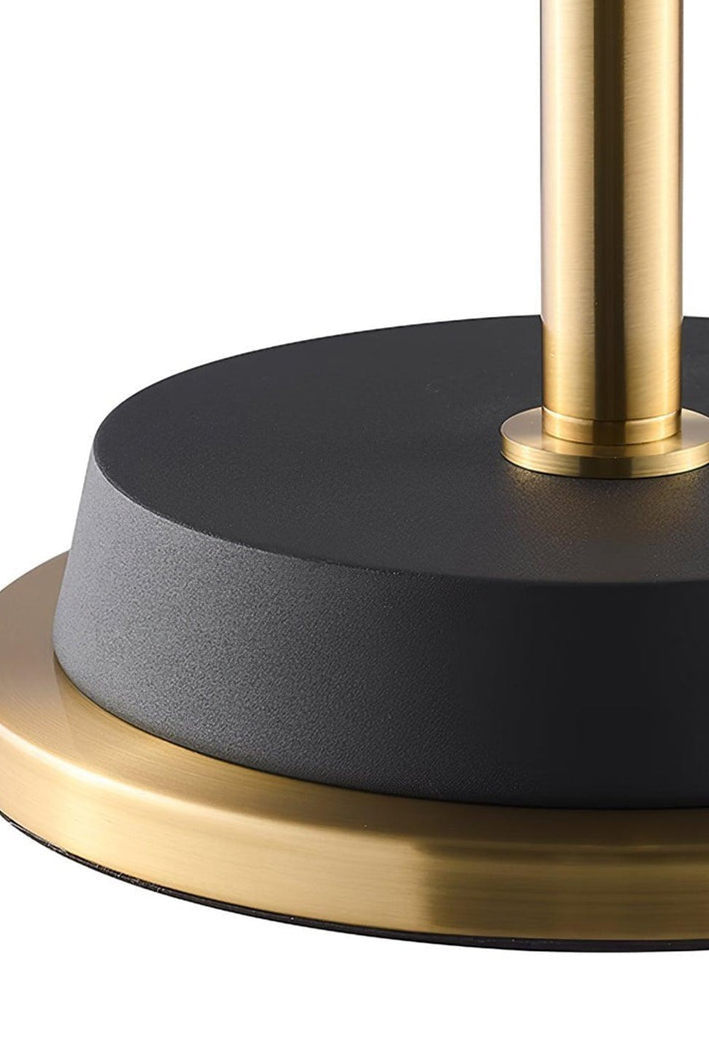 Marlowe Gooseneck Reading Floor Lamp | Matte Black and Brass | Macro detail shot highlighting the heavy circular base with brushed gold brass ring | Samu Lamp