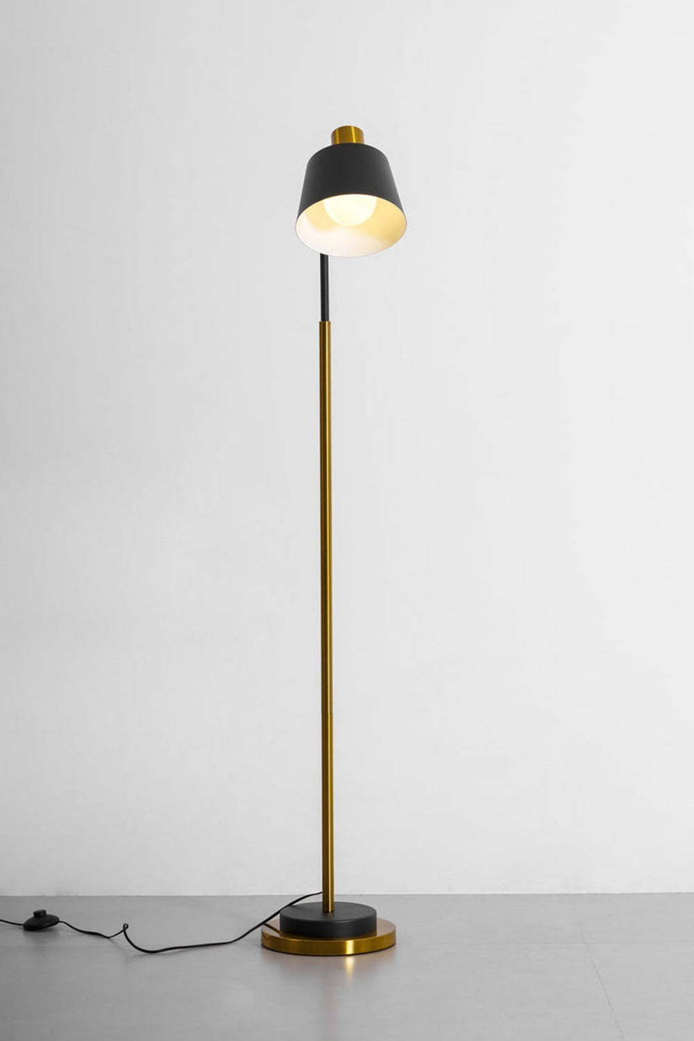Marlowe Gooseneck Reading Floor Lamp | Matte Black and Brass | Full length studio product shot lit against a light grey neutral background | Samu Lamp