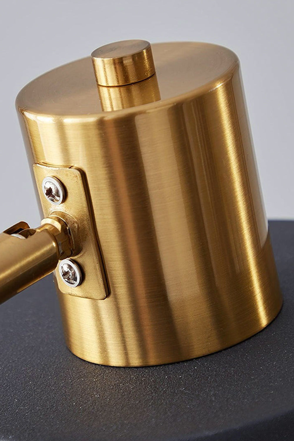 Marlowe Gooseneck Reading Floor Lamp | Matte Black and Brass | Detailed close-up of the polished gold brass top cap and shade mounting hardware | Samu Lamp