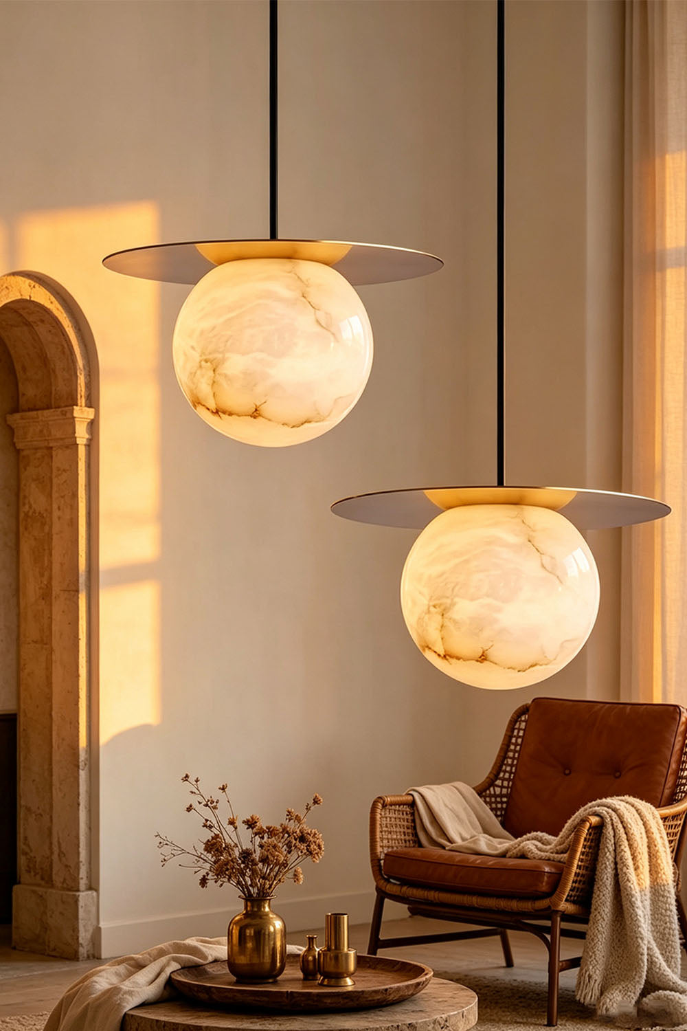 Marne Alabaster Sphere Brass Pendant Light | Natural Alabaster and Brass | Pair of lights at staggered heights glowing in warm sunset light | Samu Lamp