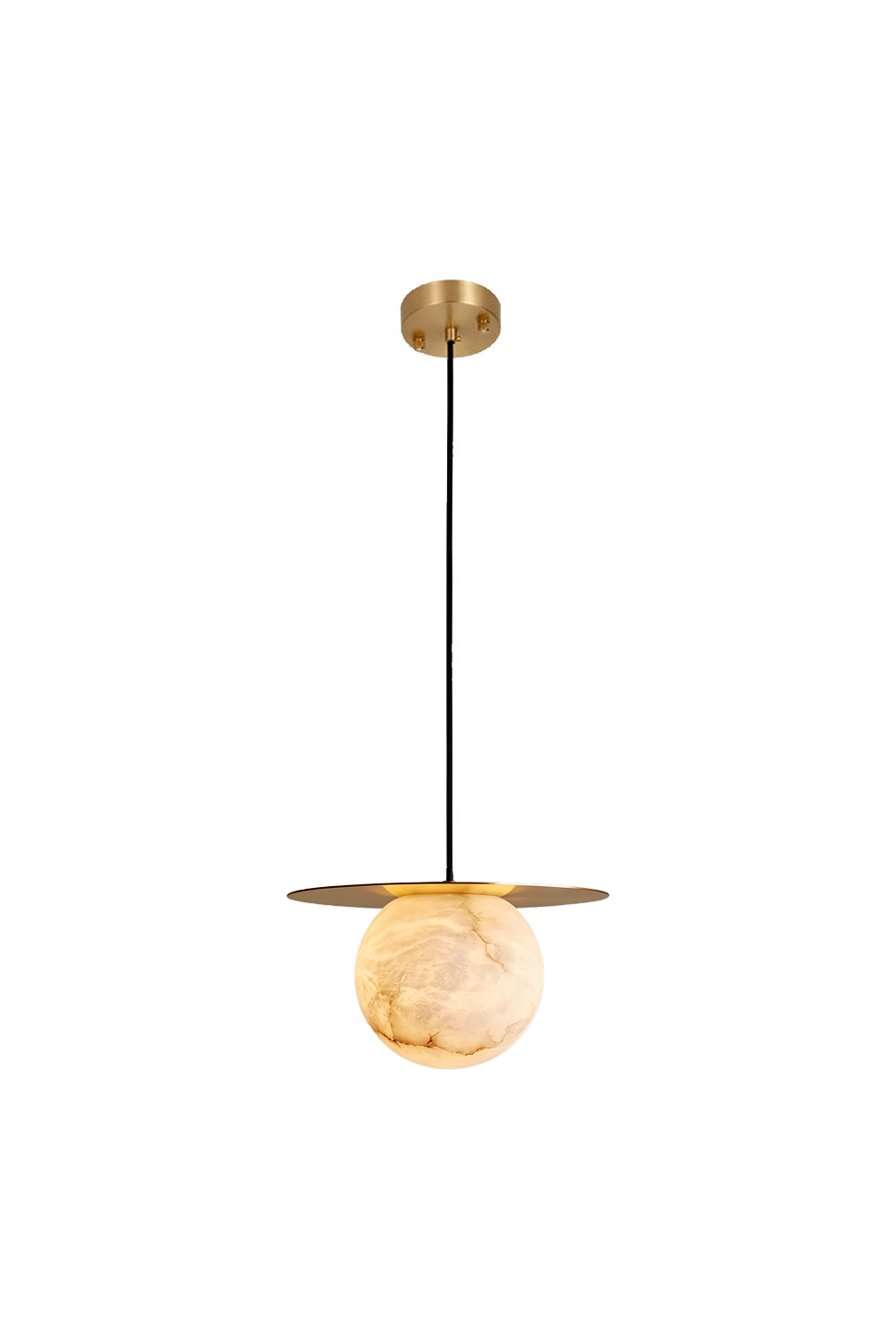 Marne Alabaster Sphere Brass Pendant Light | Natural Alabaster and Brass | Front full view on a pure white background, illuminated | Samu Lamp