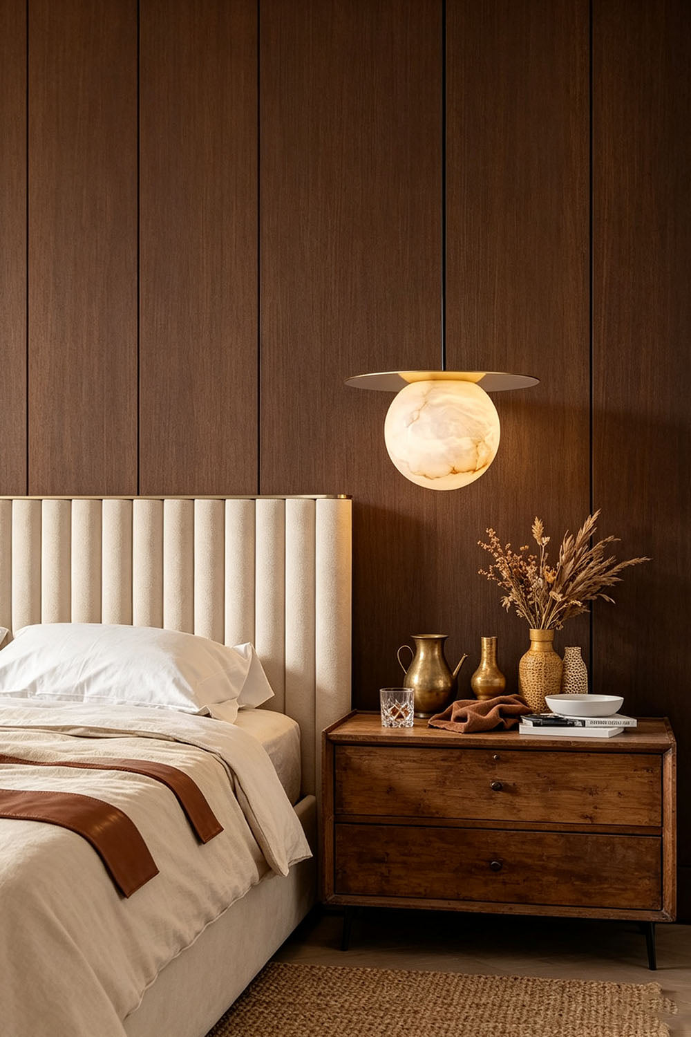 Marne Alabaster Sphere Brass Pendant Light | Natural Alabaster and Brass | Styled beside a tufted headboard in a dark wood paneled bedroom | Samu Lamp