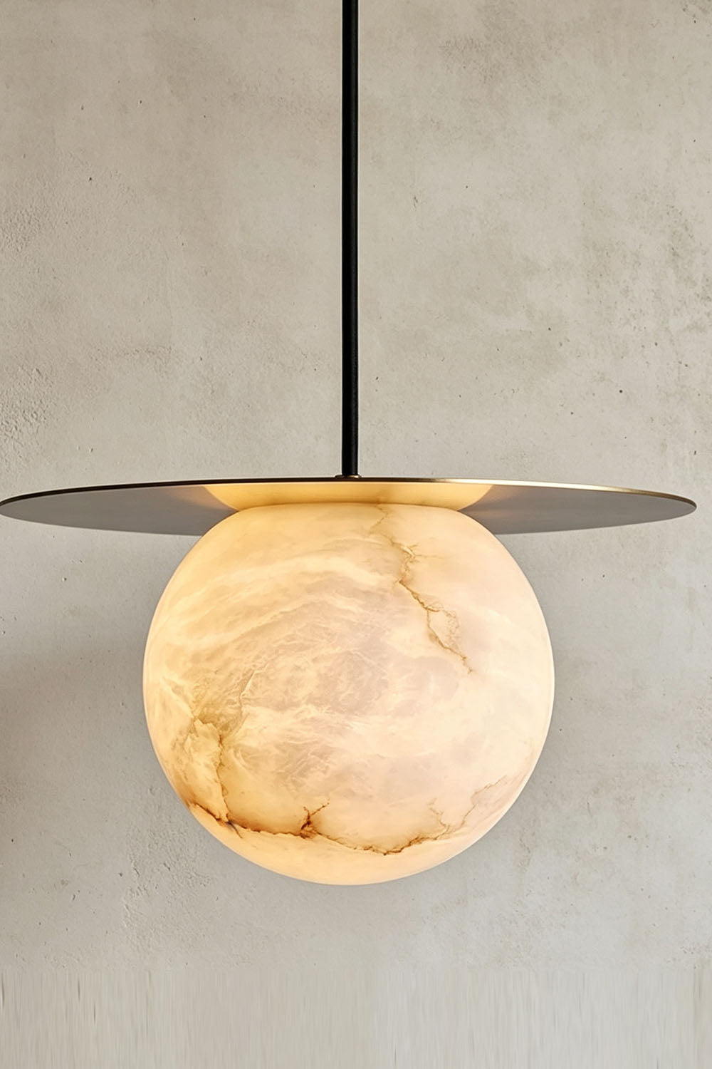 Marne Alabaster Sphere Brass Pendant Light | Natural Alabaster and Brass | Full view of the pendant light showing natural alabaster grain | Samu Lamp