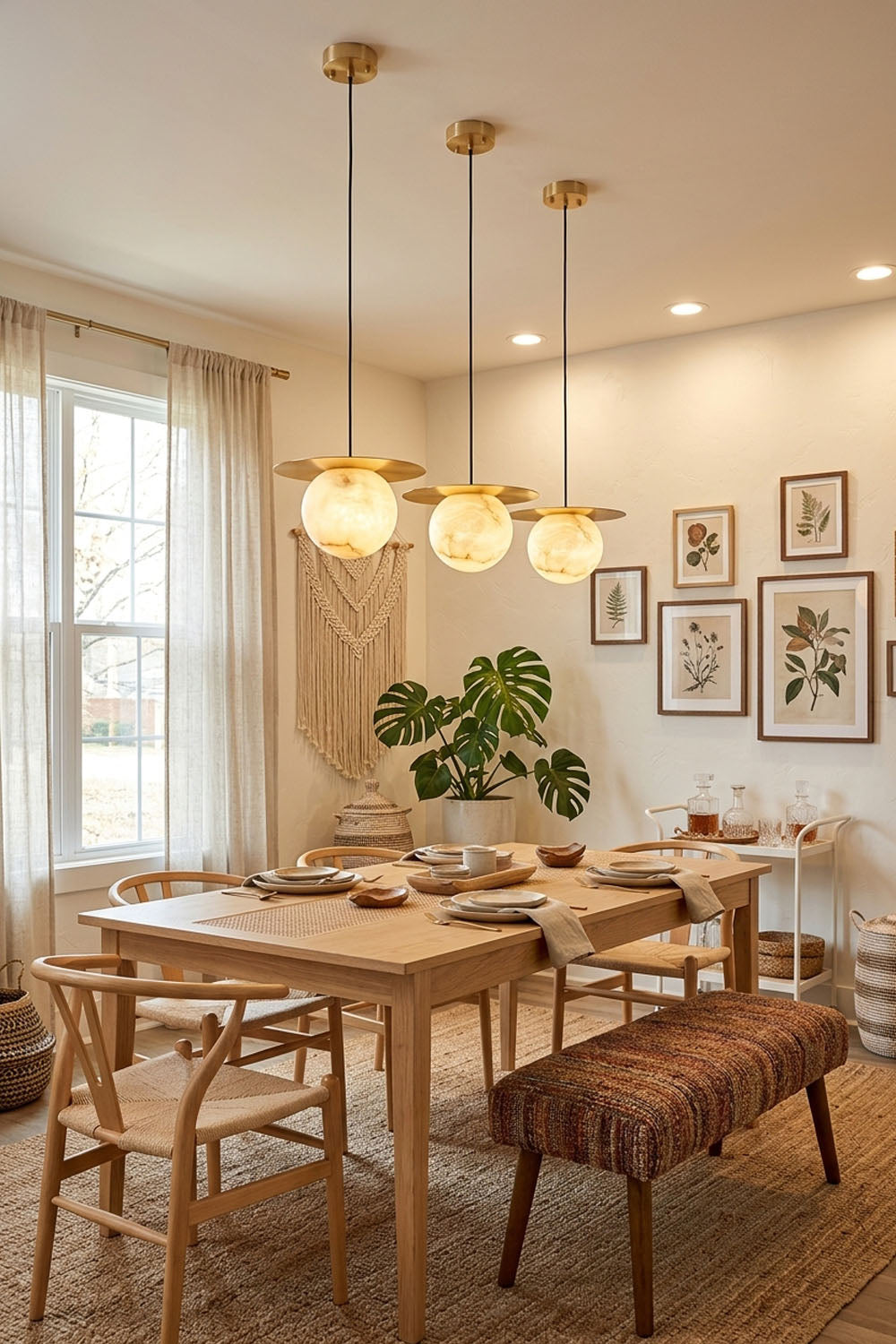 Marne Alabaster Sphere Brass Pendant Light | Natural Alabaster and Brass | Trio of pendant lights suspended above a wooden dining table | Samu Lamp