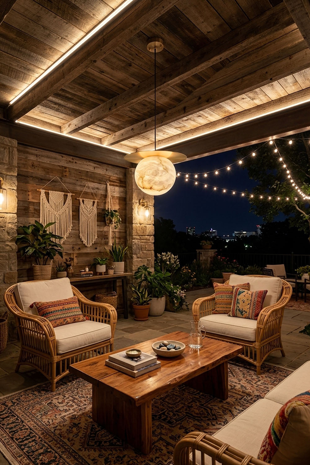 Marne Alabaster Sphere Brass Pendant Light | Natural Alabaster and Brass | Illuminating a covered outdoor patio lounge area at night | Samu Lamp