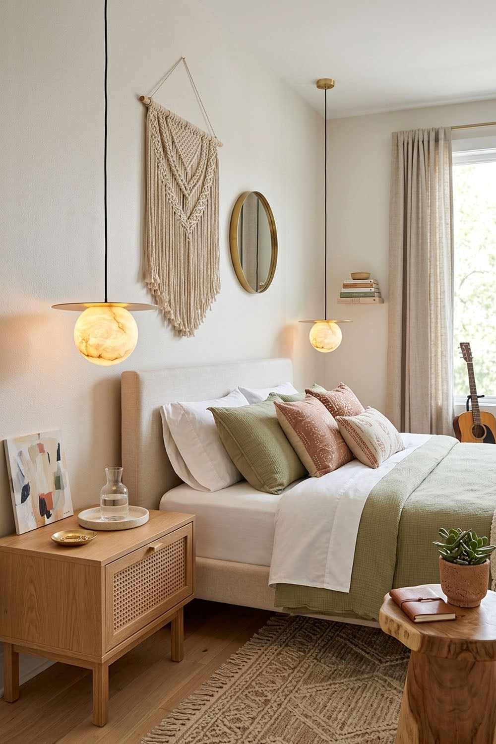 Marne Alabaster Sphere Brass Pendant Light | Natural Alabaster and Brass | Suspended beside a bed over a wooden nightstand in a cozy bedroom | Samu Lamp