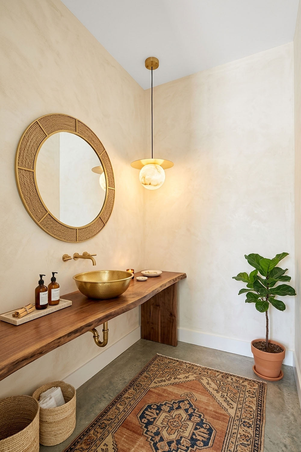 Marne Alabaster Sphere Brass Pendant Light | Natural Alabaster and Brass | Displayed in a boho bathroom vanity area beside a round mirror | Samu Lamp