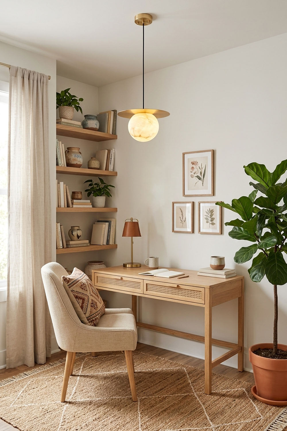 Marne Alabaster Sphere Brass Pendant Light | Natural Alabaster and Brass | Hanging in a bright home office study above a wooden desk | Samu Lamp