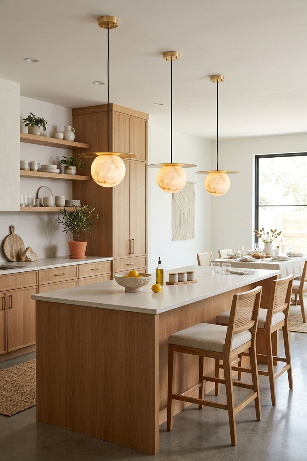 Marne Alabaster Sphere Brass Pendant Light | Natural Alabaster and Brass | Trio of lights suspended over a kitchen island with wooden bar stools | Samu Lamp