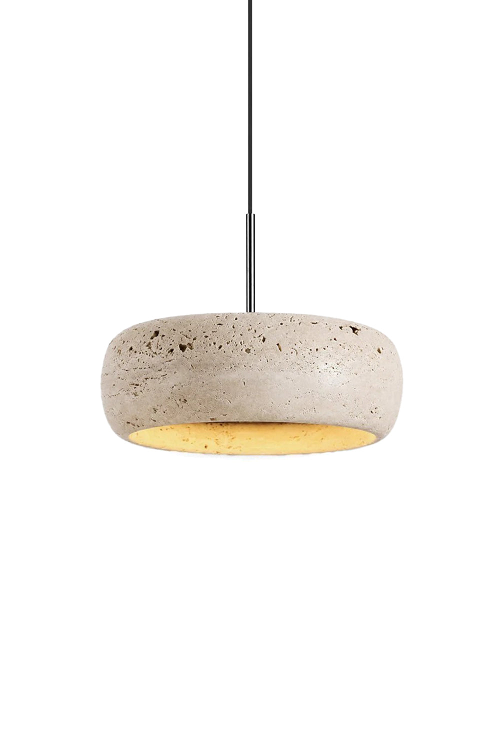 Maro Travertine Donut Pendant Light | Travertine, Metal | Isolated lit view of a modern organic donut-shaped pendant light crafted from natural beige travertine stone with a warm inner glow | White background | Samu Lamp