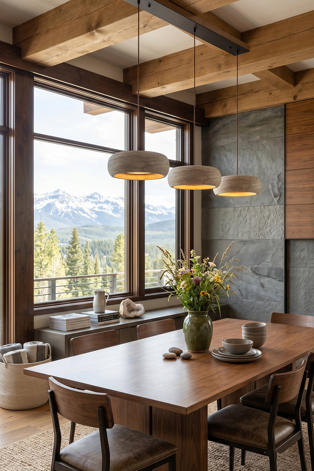 Maro Travertine Donut Pendant Light | Travertine, Metal | Three stone pendant lamps hanging over a long wooden dining table setup in a luxury mountain lodge dining room with large windows | Samu Lamp