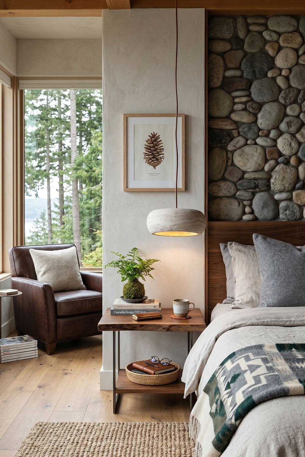 Maro Travertine Donut Pendant Light | Travertine, Metal | Mounted as a cozy bedside reading lamp over a dark wood nightstand in a rustic cabin bedroom with a stone feature wall | Samu Lamp