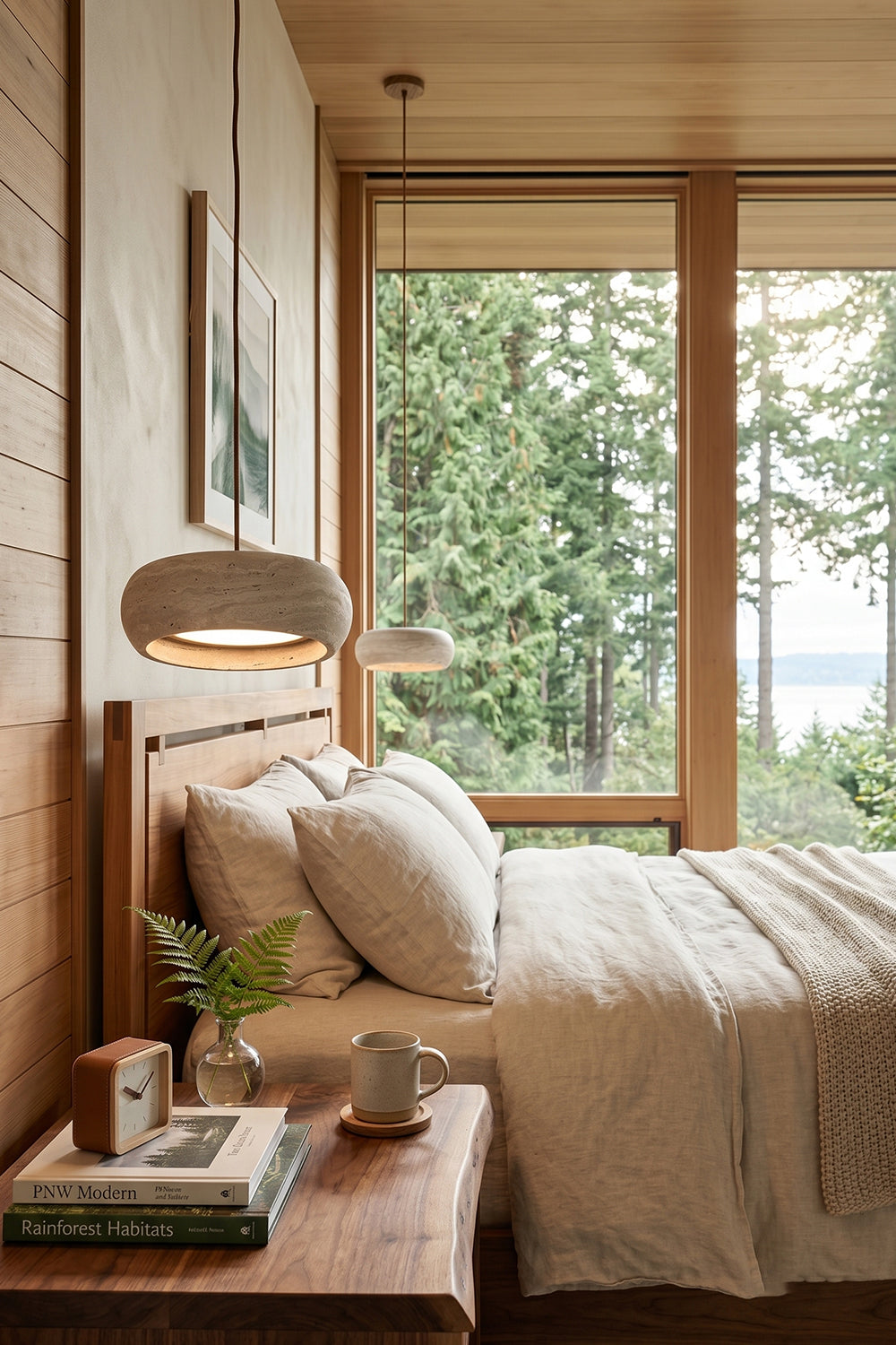 Maro Travertine Donut Pendant Light | Travertine, Metal | Positioned elegantly over a bed with cream bedding layers in a contemporary bedroom featuring natural wood window frames | Samu Lamp