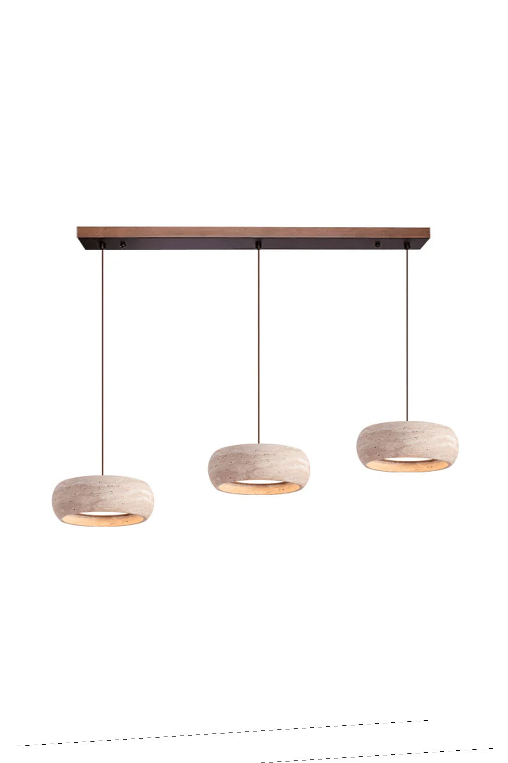 Maro Travertine Donut Pendant Light | Travertine, Metal, Wood | Studio view of the multi-light variant featuring three travertine donut shades suspended from a long dark wood rectangular canopy track | Samu Lamp