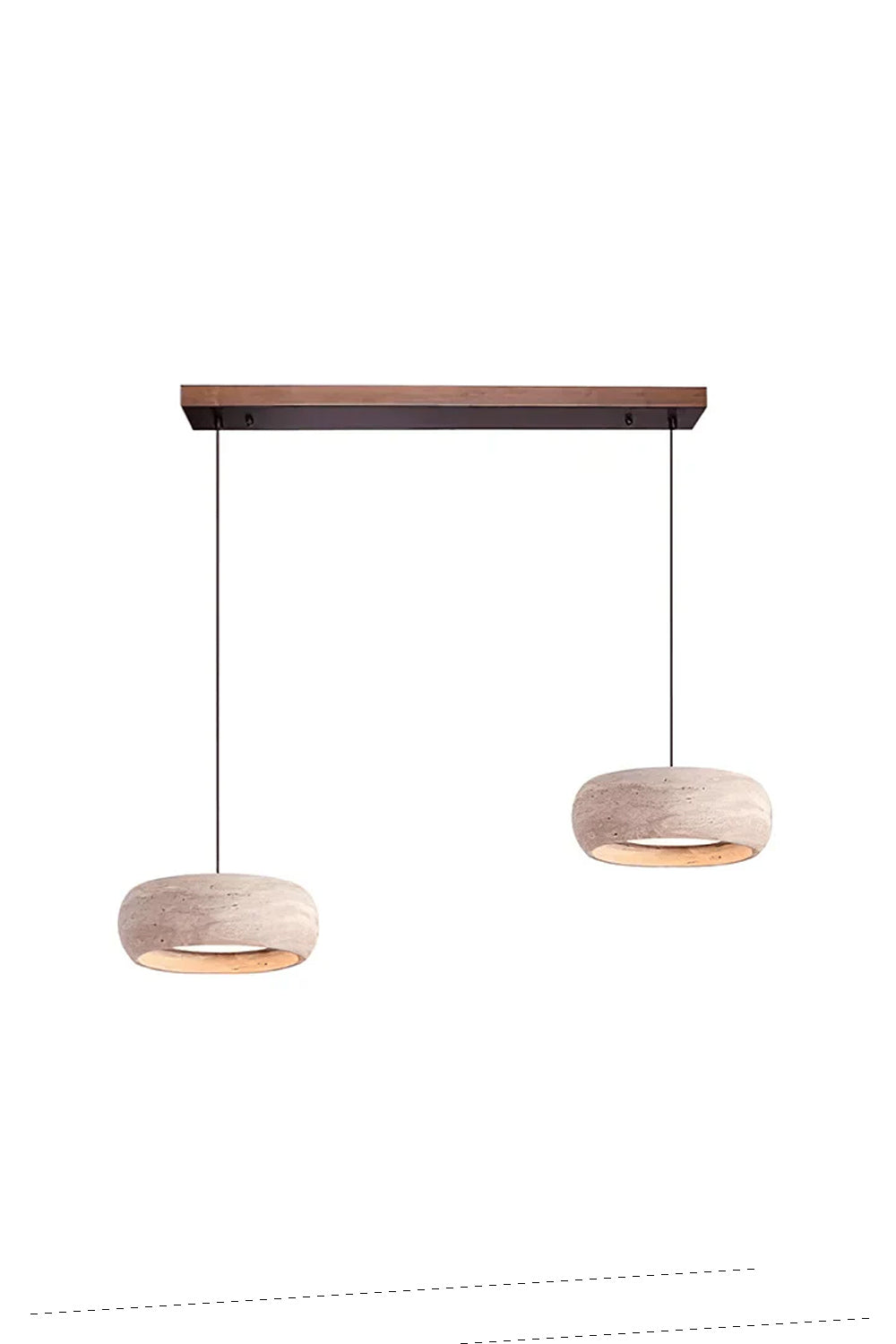 Maro Travertine Donut Pendant Light | Travertine, Metal, Wood | Studio view of the two-light variant featuring a pair of travertine donut lamps hanging from a short wooden linear ceiling canopy | Samu Lamp