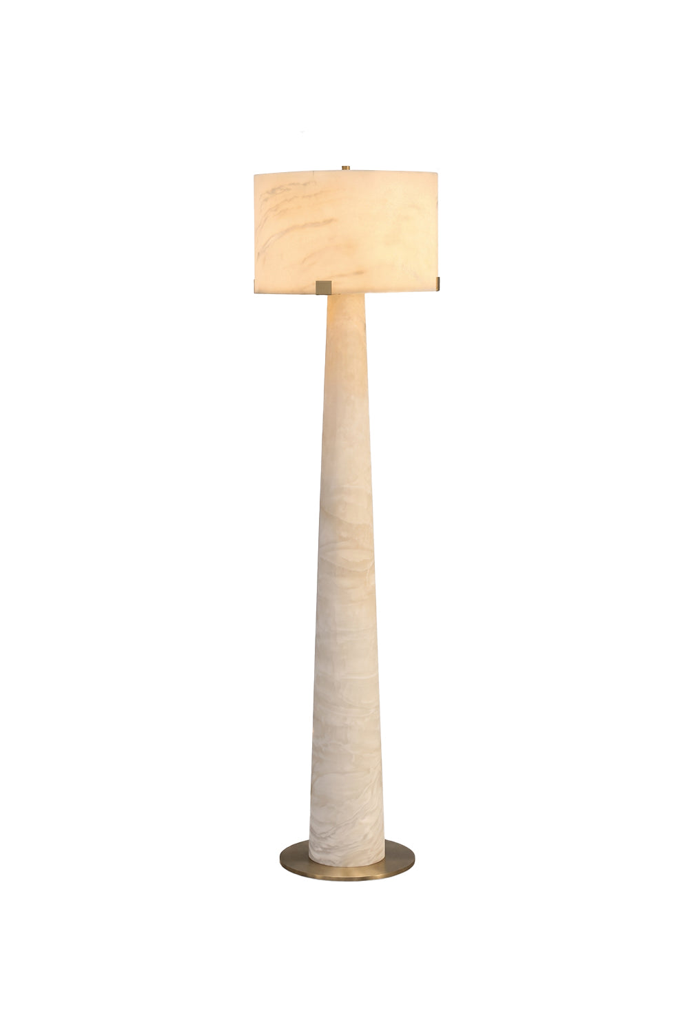 Meridian Column Alabaster Floor Lamp | Alabaster, Brass | Full-length lit product shot | Tapered stone base with drum shade | Isolated on white | Samu Lamp