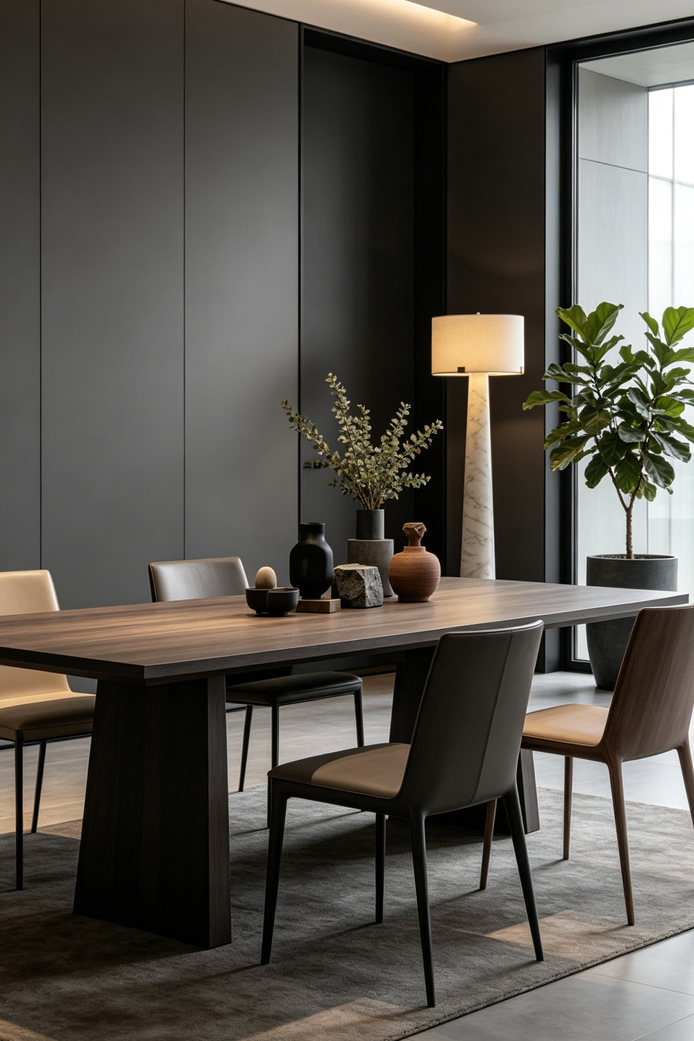 Meridian Column Alabaster Floor Lamp | Alabaster, Brass | Lit in a contemporary dining room with a long dark wood table | Samu Lamp