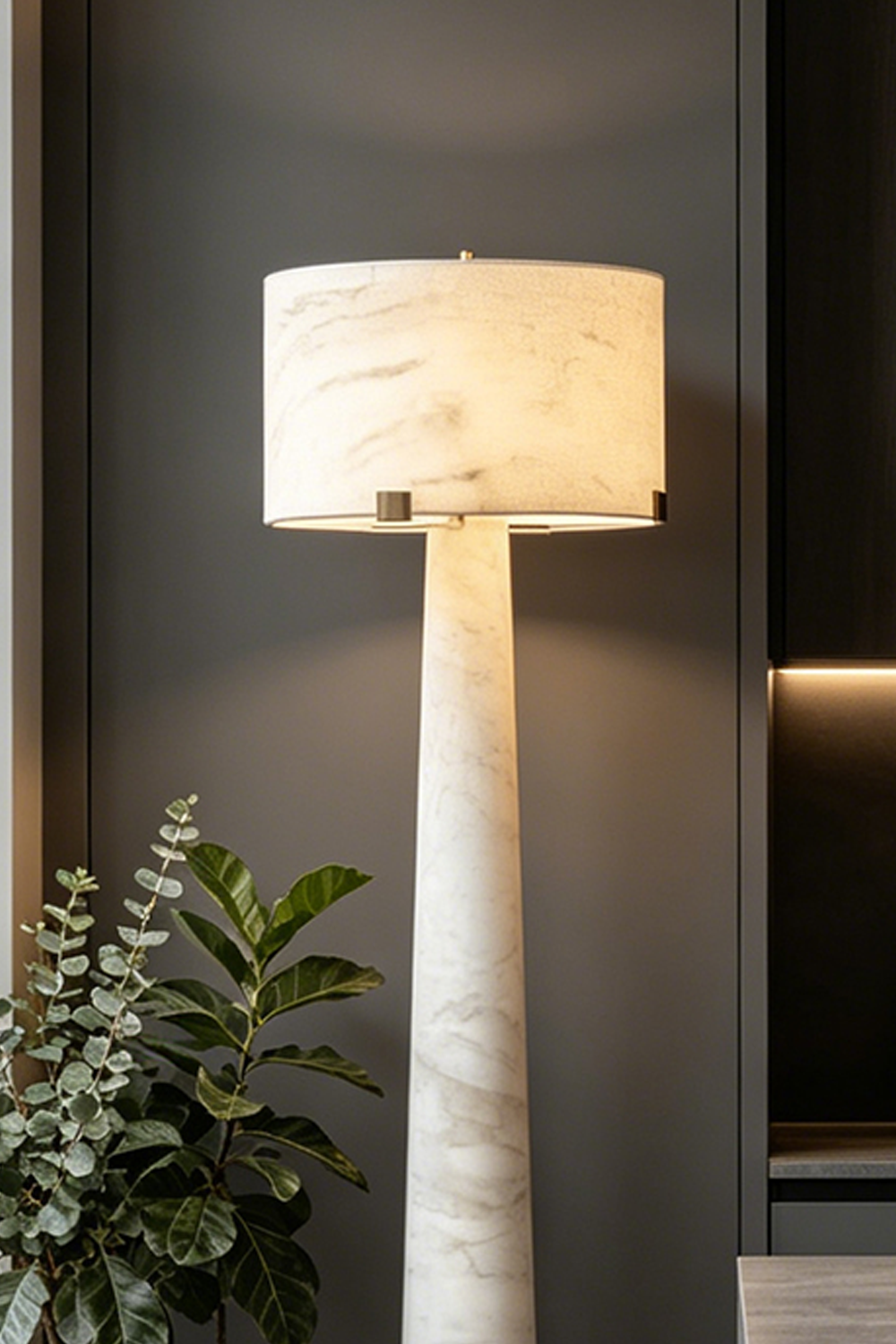 Meridian Column Alabaster Floor Lamp | Alabaster, Brass | Full-height lit view against a dark grey textured wall | Samu Lamp