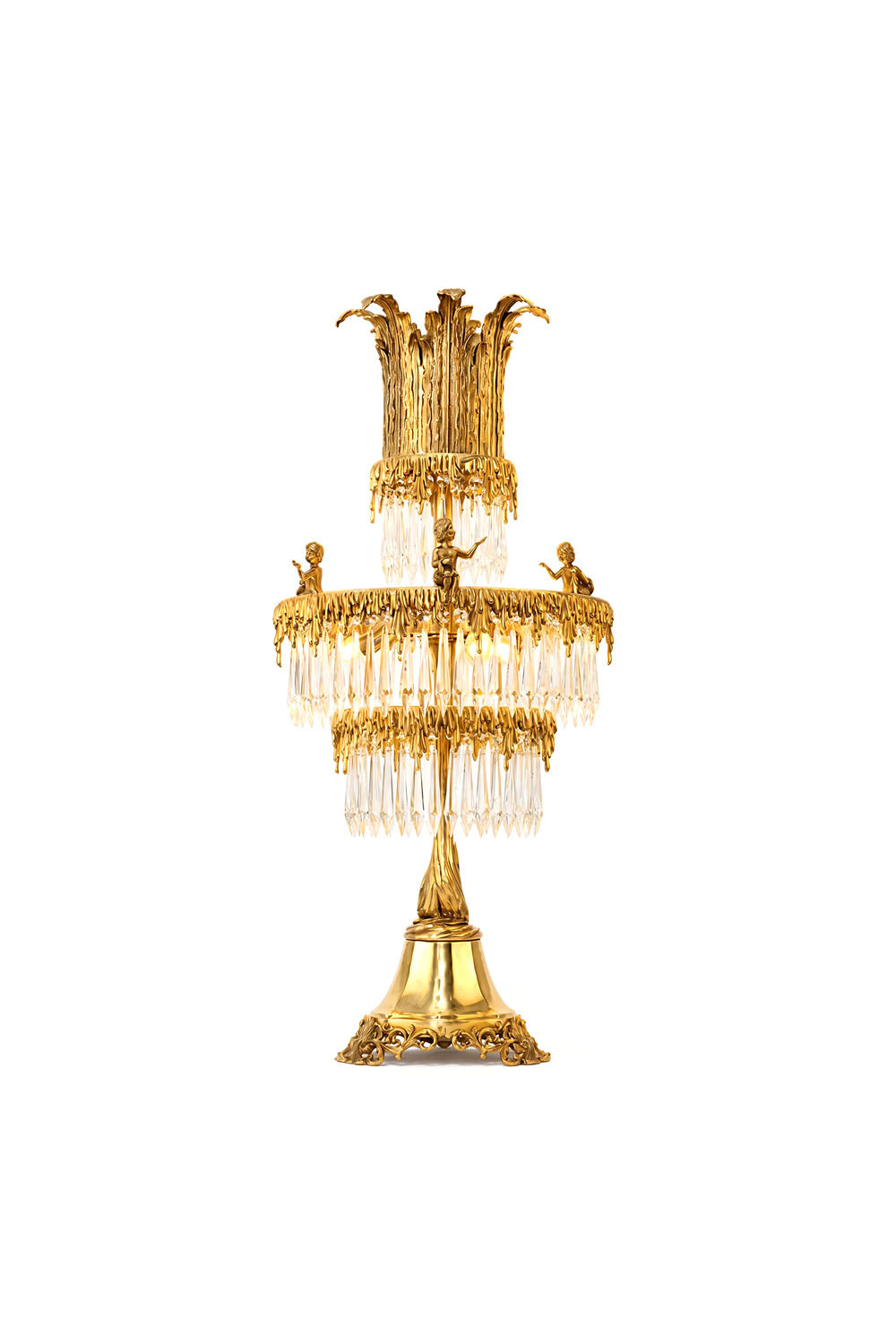 Mervaise Brass Cherub Crystal Tier Table Lamp | Brass and Crystal | Front full view on a pure white background, illuminated | Samu Lamp