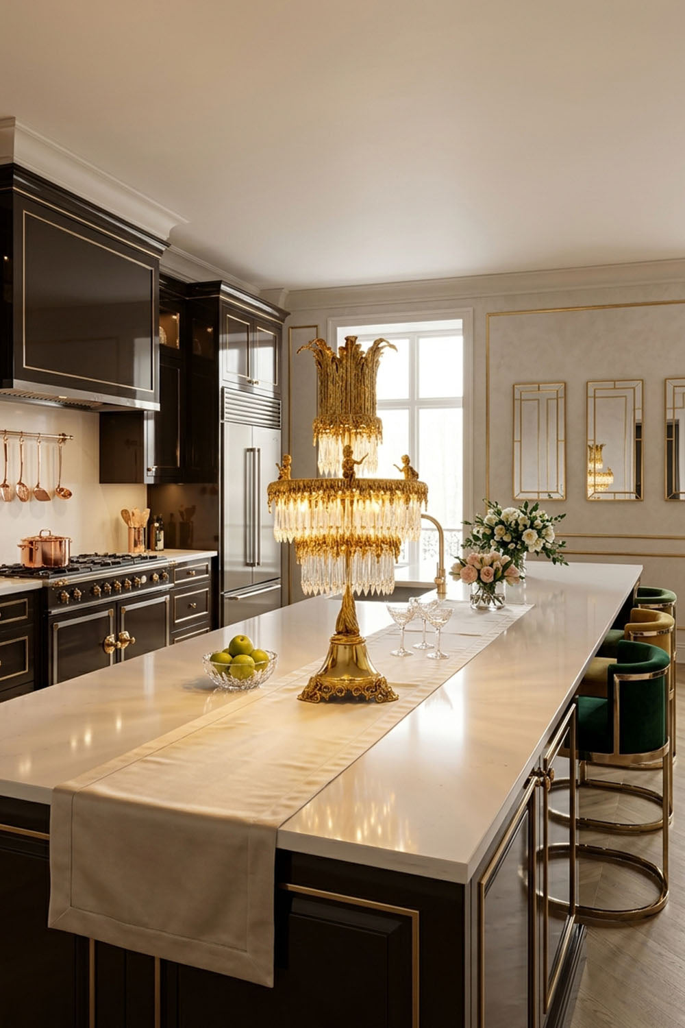 Mervaise Brass Cherub Crystal Tier Table Lamp | Brass and Crystal | Positioned on a marble kitchen island counter in an open kitchen | Samu Lamp