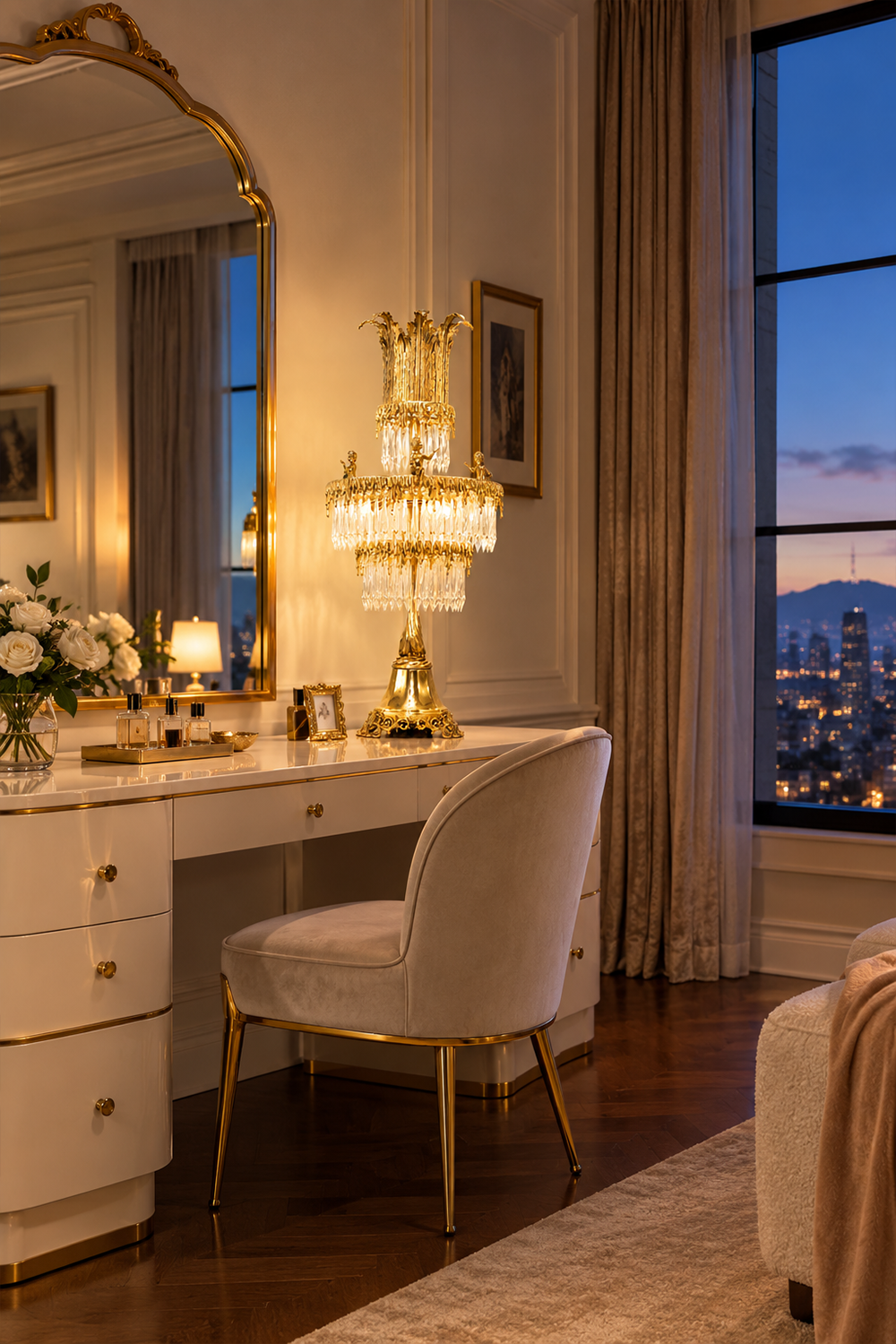 Mervaise Brass Cherub Crystal Tier Table Lamp | Brass and Crystal | Displayed on a vanity dressing table beside a mirror in a luxury suite | Samu Lamp