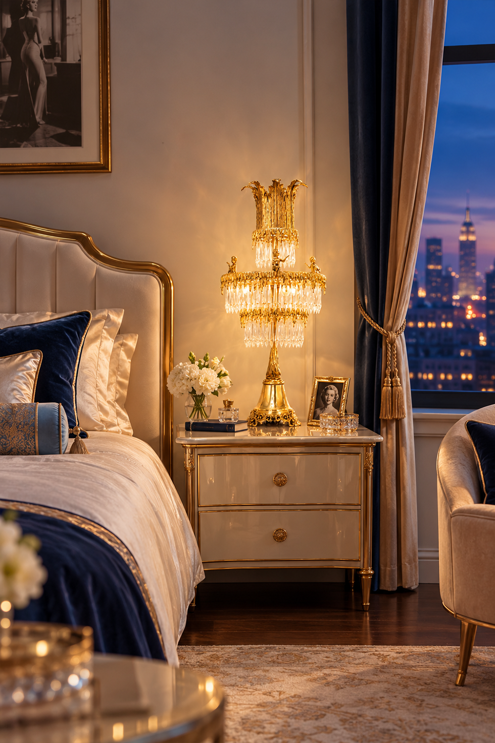 Mervaise Brass Cherub Crystal Tier Table Lamp | Brass and Crystal | Lighting a bedside nightstand in a bedroom with city skyline views | Samu Lamp